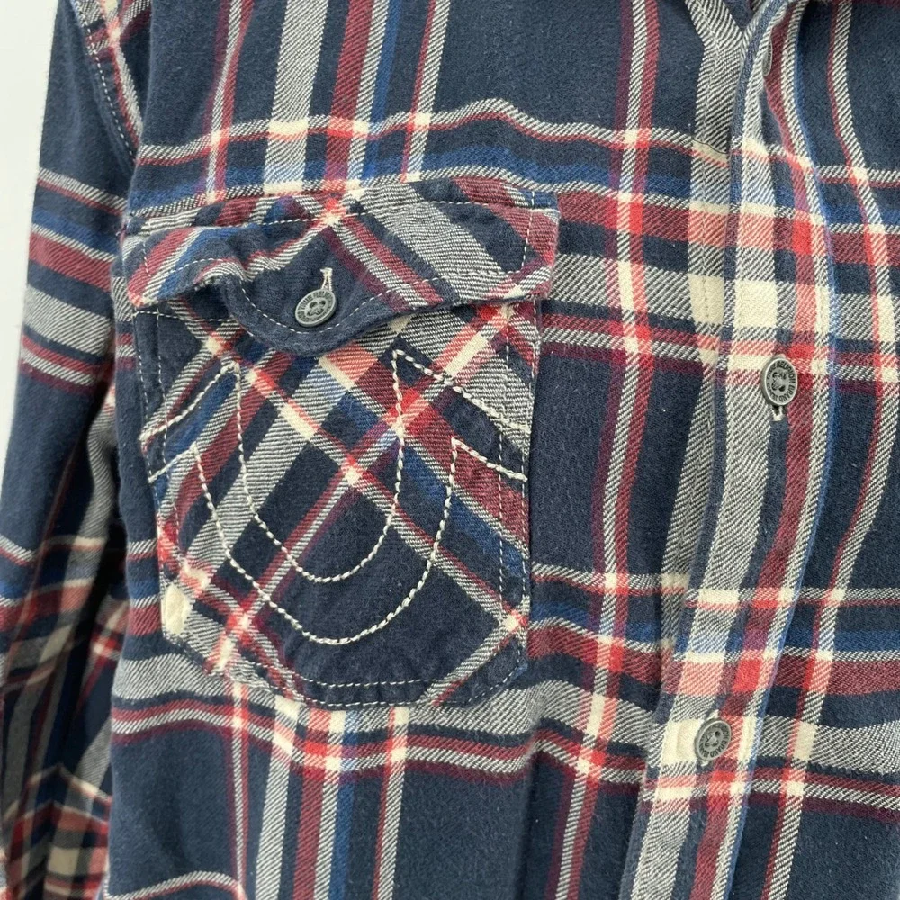 True Religion Mens Plaid Flannel LS Utility Shirt Navy‎ Red XL SVY974ZL01815